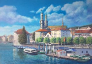 Glorious Zurich cityscape oil painting by Julia Strittmatter